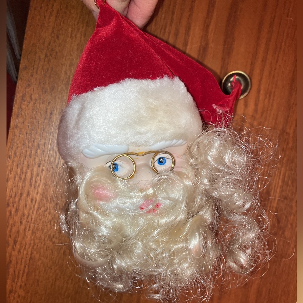 VINTAGE SANTA HEAD ORNAMENT WITH BELL ON THE HAT